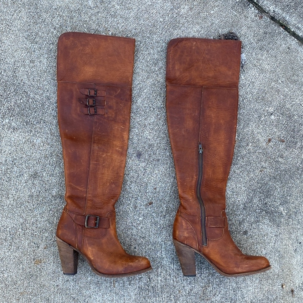 FRYE Women's Brown Jenny Belted Over The Knee Boots - Cognac 8 1/2